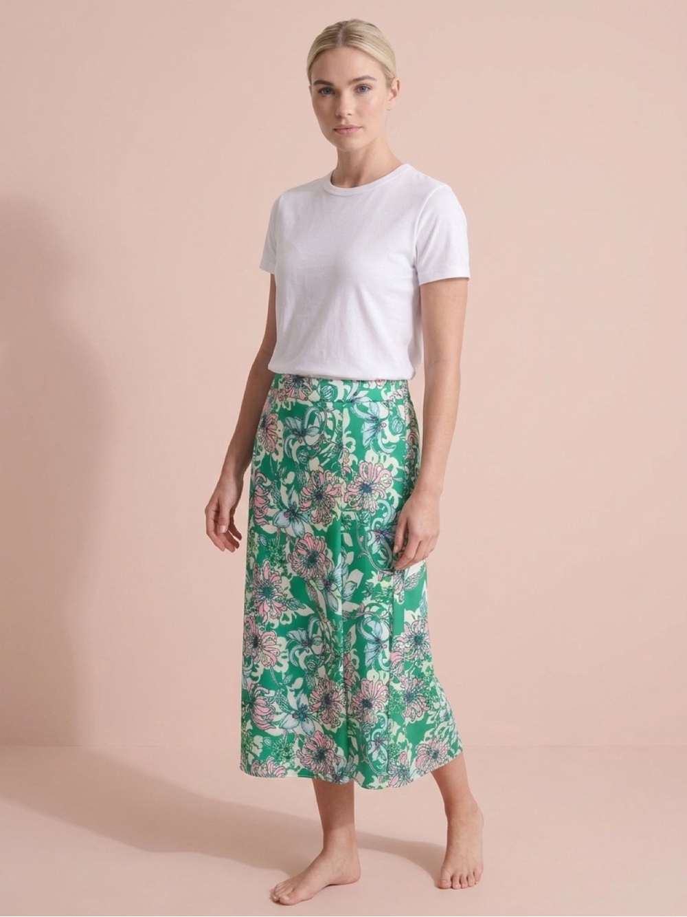 Lilly Pulitzer Green Floral Midi Skirt with Pink & White Blooms